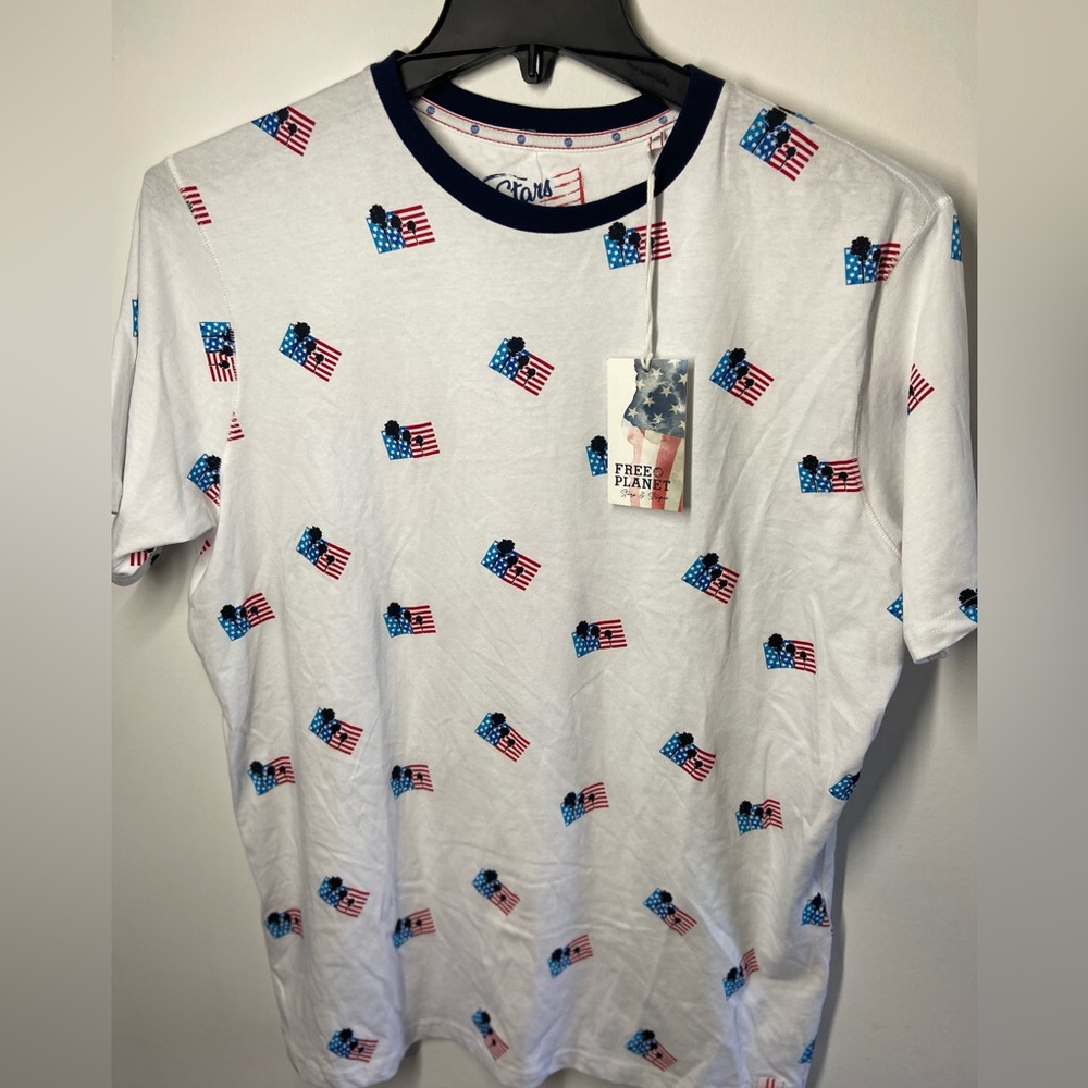 Free Planet Men's White Tee with Flag Pattern